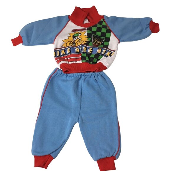VTG BABYFAIR Bike Race Baby Soft Sweatshirt Pants Set 12M Hong Kong Retro VBC - Picture 1 of 6